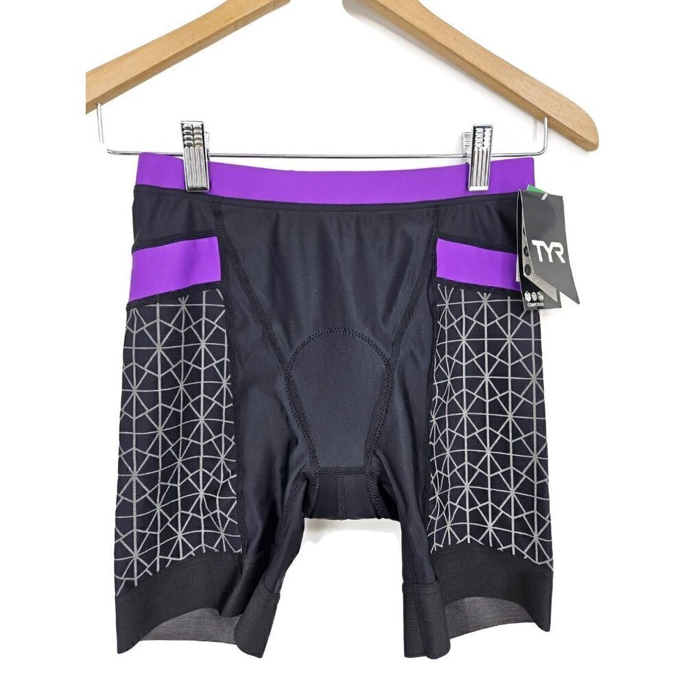 New TYR Competitor 6" Tri Short Womens M Black Purple Triathlon